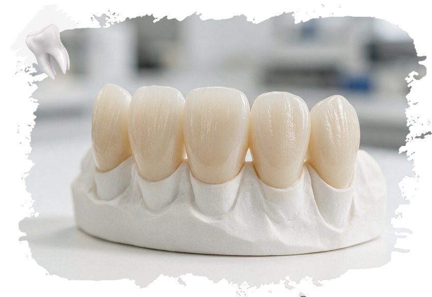 Quels sont les types de couronnes et de facettes dentaires ? 2 Couronnes dentaires en zircone sur un modèle en plâtre