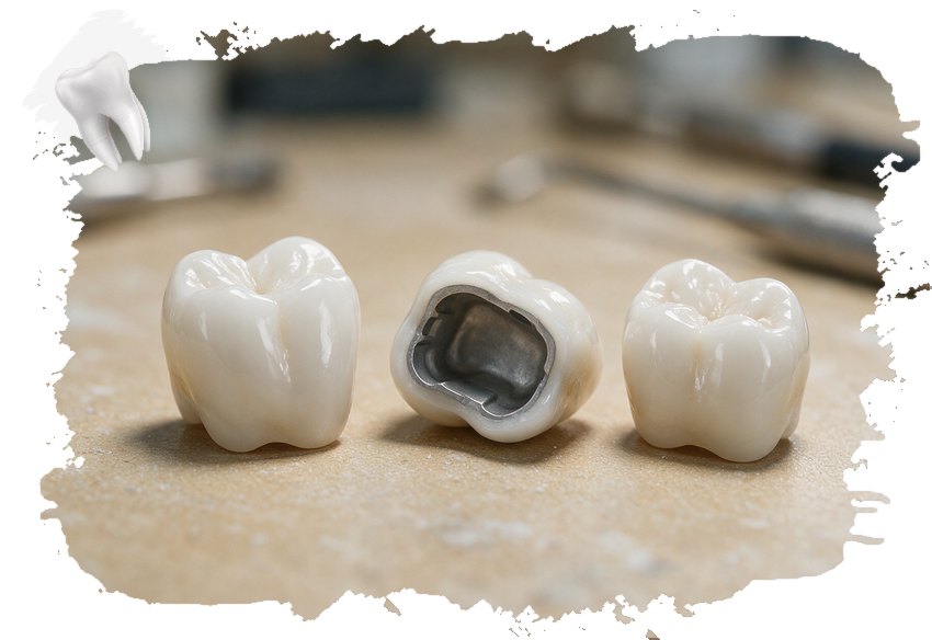 What Are the Types of Dental Crowns and Veneers? 4 Porcelain-fused-to-metal crown with the metal framework visible on its inner surface